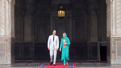Prince William, Duke of Cambridge and Catherine, Duchess of Cambridge visit the Badshahi Mosque within the Walled City during day four of their royal tour of Pakistan on October 17, 2019 in Lahore, Pakistan.