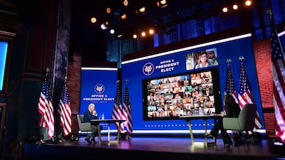 President-elect Joe Biden and Vice President-elect Kamala Harris participate in a virtual meeting with the United States Conference of Mayors in Wilmington, Delaware. AFP