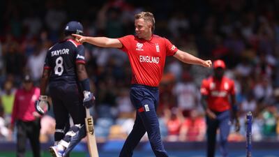 England's Sam Curran celebrates the wicket of USA opener Steven Taylor for 12. Getty Images