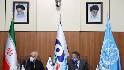 Head of Iran's Atomic Energy Organization Ali-Akbar Salehi and International Atomic Energy Agency (IAEA) Director General Rafael Grossi in Tehran, Iran, this August. Reuters