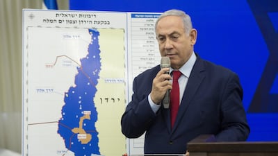 Israeli Prime Minster Benjamin Netanyahu speaks during his pledge to annex the Jordan Valley in the Occupied West Bank if he is re-elected. Getty Images
