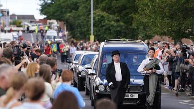The funeral cortege of Jack Charlton passes through his hometown of Northumberland in Ashington. EPA