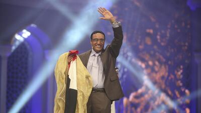Seen here receiving the lucrative Poet Prince award inside of the Al Rahba theatre is Iraqi poet Alaa Janeb. Lee Hoagland / The National