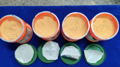 Authorities in Chennai, India, intercepted 2.5kg of gold granules hidden in four containers of instant orange drink, Tang on Monday, May 10, 2021. Courtesy: Chennai Customs