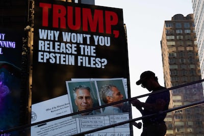 A billboard in Times Square calls for the release of the Epstein files in New York City on Wednesday. AFP