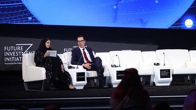 US Treasury secretary Steven Mnuchin speaking to Tadawul chairwoman Sarah Al-Suhaimi at the Future Investment Initiative in Riyadh on Wednesday. Bloomberg.