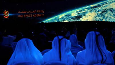 A presentation by the UAE Space Agency at the National Exhibition Centre in Abu Dhabi in May. Khalifa Al Romaithi, the chairman of the UAE Space Agency says there are “tremendous” commercial opportunities on offer. AFP