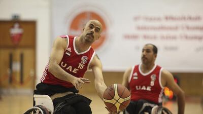 The UAE's men's wheelchair basketball team in action against Jordan at Al Ahli Sports Club in Dubai. Lee Hoagland / The National