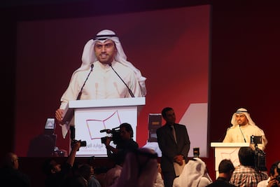 Saud Alsanousi speaking after he won the 2013 Ipaf award for Bamboo Stalk. Pawan Singh / The National
