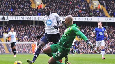 Emmanuel Adebayor scored the only goal in Tottenham and Everton's match on Sunday. Carl Court / AFP