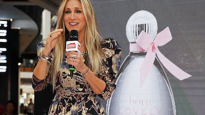 Sarah Jessica Parker, in floral Ulla Johnson, speaks at the Highpoint Shopping Centre on October 23, 2019. Getty