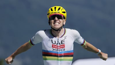 STadej Pogacar of UAE Team Emirates XRG celebrates at the finish line after winning Stage 3 of the Tour de France. EPA