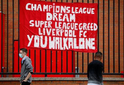 Anti Super League banners outside Anfield. Reuters