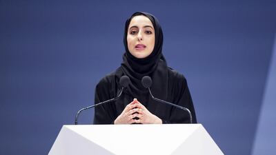 Shamma Al Mazrui, Minister of State for Youth Affairs, addresses the IGCF in Sharjah on Monday. Christopher Pike / The National