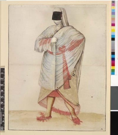 Watercolours of a Turkish woman by the American artist John White, who most probably never travelled to the Middle East. The images, dated from 1585 to 1593, were most likely based on costume books that circulated in the US and Europe. Courtesy British Museum