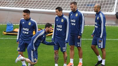 From left: Lautaro Martinez, Lionel Messi, Angel Di Maria, German Pezzela and Guido Pizarro take part in a training session. AFP