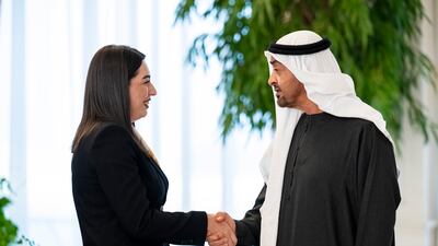 President Sheikh Mohamed speaks to Arpine Sargsyan, Armenia’s Interior Minister, in Abu Dhabi. Abdulla Al Neyadi / UAE Presidential Court