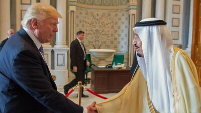 King Salman of Saudi Arabia and US president Donald Trump shaking hands at the opening session of the Gulf Cooperation Council summit in Riyadh, Saudi Arabia. EPA / Saudi Press Agency