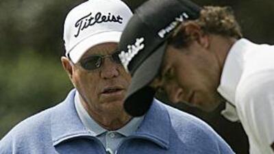 Butch Harmon, left, coaches Adam Scott of Australia. Harmon believes world golf is in better shape since Tiger Woods' seven month absence.