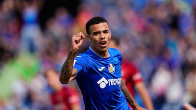 Getafe's Mason Greenwood reacts after coming on late as substitute to make his debut during a Spanish La Liga soccer match between Getafe and Osasuna at the Coliseum stadium in Getafe, Spain, Sunday, Sept. 17, 2023. (AP Photo / Jose Breton)