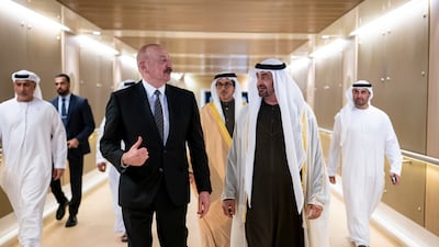 President Sheikh Mohamed with Ilham Aliyev, President of Azerbaijan. Hamad Al Kaabi / UAE Presidential Court