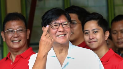 Philippine President Ferdinand Marcos Jr casts his ballot in Batac City on Monday. Marcos Jr has three years left in office. AP