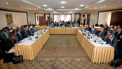 A general view shows from left to right, Ethiopian, Sudanese and Egyptian delegations taking part in a new round of talks over the Grand Ethiopian Renaissance Dam, in Khartoum, Sudan. EPA