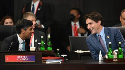 Britain's Prime Minister Rishi Sunak and Canada's Prime Minister Justin Trudeau have a discussion on the sidelines of the summit. AFP