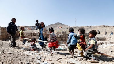Displaced Yemeni children play at a camp for Internally Displaced Persons (IDPs) on the outskirts of Sana'a, Yemen. EPA