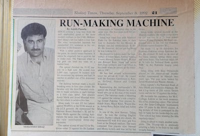 An old newspaper clipping of Mohammed Ishaq, who represented the UAE at the 1996 Cricket World Cup. Pawan Singh / The National