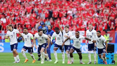 England players after the winning shoot-out penalty. Getty Images