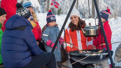 Catherine and Prince William cook with nursery children in Norway, during a visit to Sweden and Norway in February 2018
