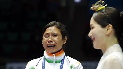 Sarita Devi protested against what her camp called ‘biased’ judging in the semi-finals. Kim Kyung-hoon / Reuters