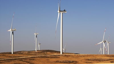 Turbines are seen at the Tafila wind farm in southern Jordan in a renewable energy project where Masdar operates the 117MW Tafila Wind farm in Jordan. Salah Malkawi / The National