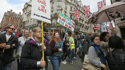 EU-Remain supporters protesting against Brexit, or Britain's decision to leave the EU, in London on July 2nd, 2016. The shock decision in the UK has been compared to the surprise win by Donald Trump in the US election on November 11, 2016. The Yomiuri Shimbun via AP Images