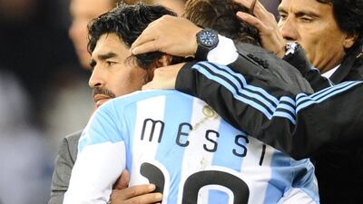 Diego Maradona, left, has been critical of Lionel Messi eight years after managing him and the Argentines at the 2010 World Cup. AFP