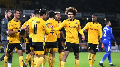 Rayan Ait-Nouri celebrates after scoring their Wolves' second goal. PA