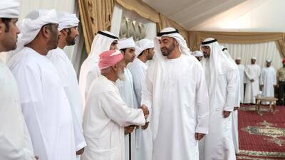 Sheikh Mohamed bin Zayed, Crown Prince of Abu Dhabi and Deputy Supreme Commander of the UAE Armed Forces (C) meets the family of Warrant Officer Saif Dhawi Rashid Al Tunaiji. Mohamed Al Hammadi / Ministry of Presidential Affairs