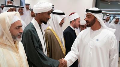 Sheikh Mohammed bin Zayed greets attendees to the first Ramdan Majlis lecture series.---