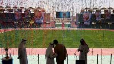 Sheikh Hazza bin Zayed, honorary president of the UAE Football Association and chairman of the Abu Dhabi Sports Council, second from left, talks to Jérôme Valcke, the Fifa secretary general, at the formal unveiling of the Club World Cup emblem at Zayed Sports City Stadium.