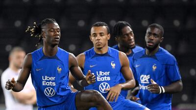 France's Eduardo Camavinga, Jules Kounde, Dayot Upamecano and Axel Disasi attend a training session in Doha. AFP