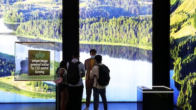 Visitors to the Lithuania pavilion learn about the country's landscapes.