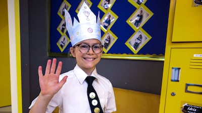 Hailey Perzinski, nine, year five, of Repton School Abu Dhabi prepares for King Charles III's coronation. Victor Besa / The National