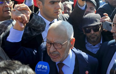 Leader of the Ennahdha party Rached Ghannouchi arrives at a police station I Tunis, Tuesday, Feb. 21, 2023. AP