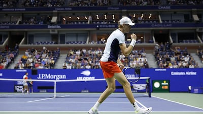 Jannik Sinner celebrates a point against Carlos Alcaraz during their US Open quarterfinal match. Getty