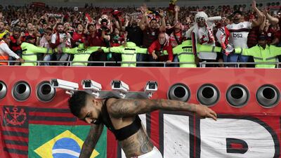 Flamengo's Gabriel Barbosa celebrates with Flamengo fans end of the Club World Cup semifinal. AP