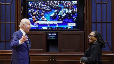 US President Joe Biden and his Supreme Court nominee Judge Ketanji Brown Jackson in the Roosevelt Room at the White House in Washington, April 7, 2022. Reuters