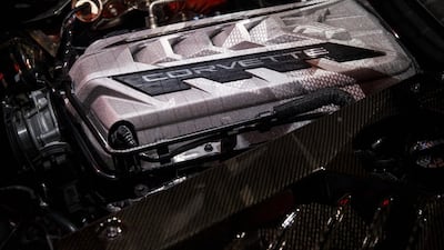 The engine of the new Corvette Stingray is displayed during the unveiling event. Bloomberg