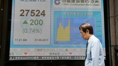 An electronic stock board showing the Hang Seng Index at a bank in Hong Kong. Asian stock markets advanced Tuesday. Kin Cheung / AP