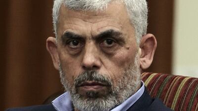 Hamas leader Yahya Sinwar at a meeting with Egypt's general intelligence chief Khaled Fawzy and others in Gaza city on October 3, 2017. AP Photo